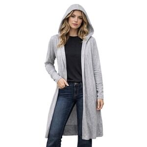 Athleta Women's Hooded Cardigan Gray Open Front Longline Size Medium